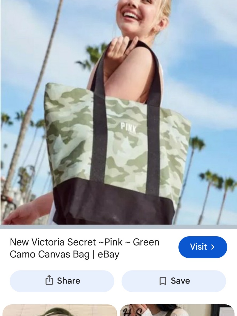 PINK Victoria's Secret Green Camo Canvas Tote with Black Base. NEW WITH OUT TAGS